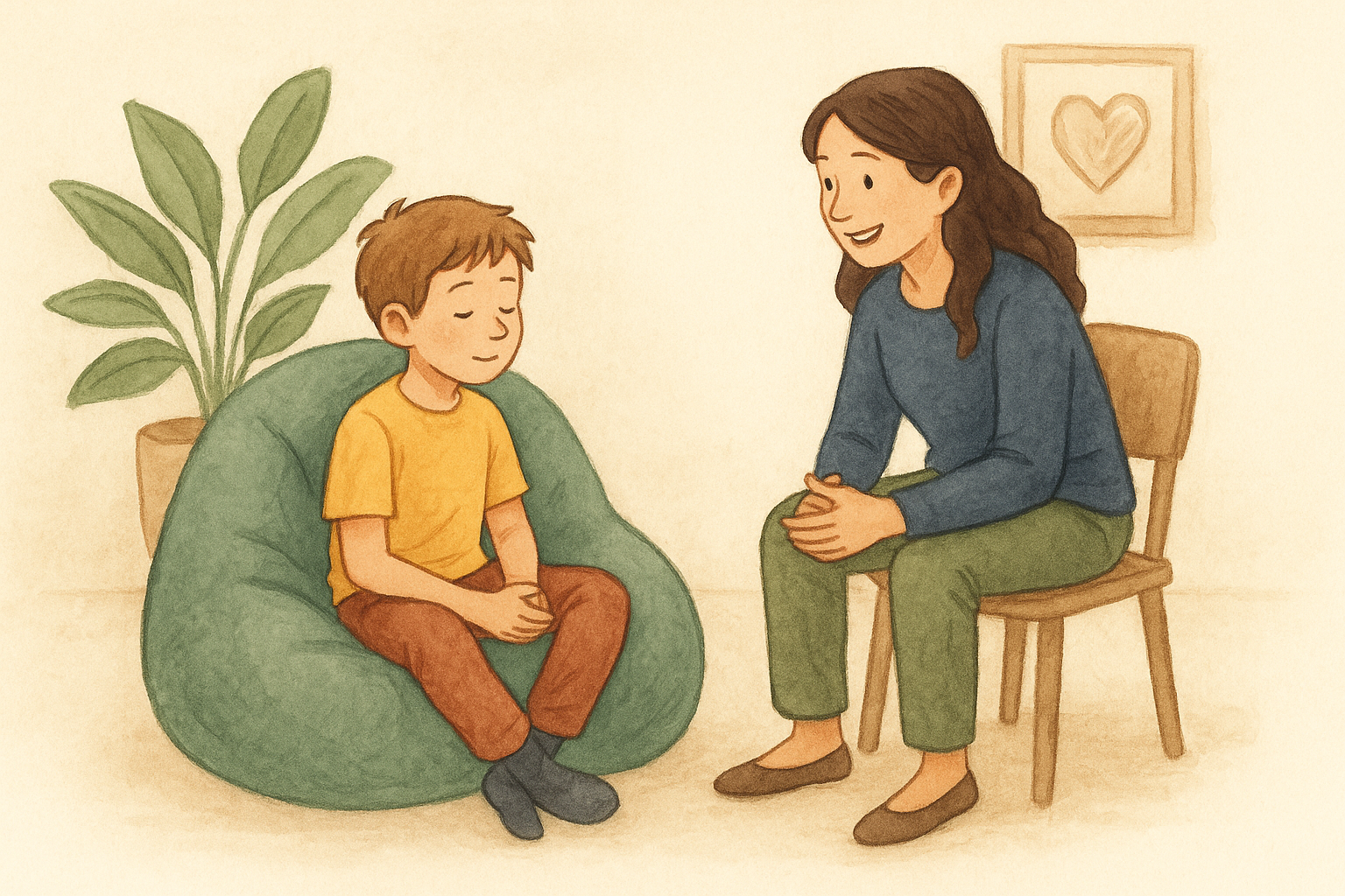 Gevoelig kind in gesprek met begeleider in een rustige omgeving